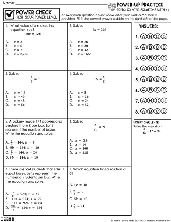 Solving Equations (Positives only) Practice Worksheets