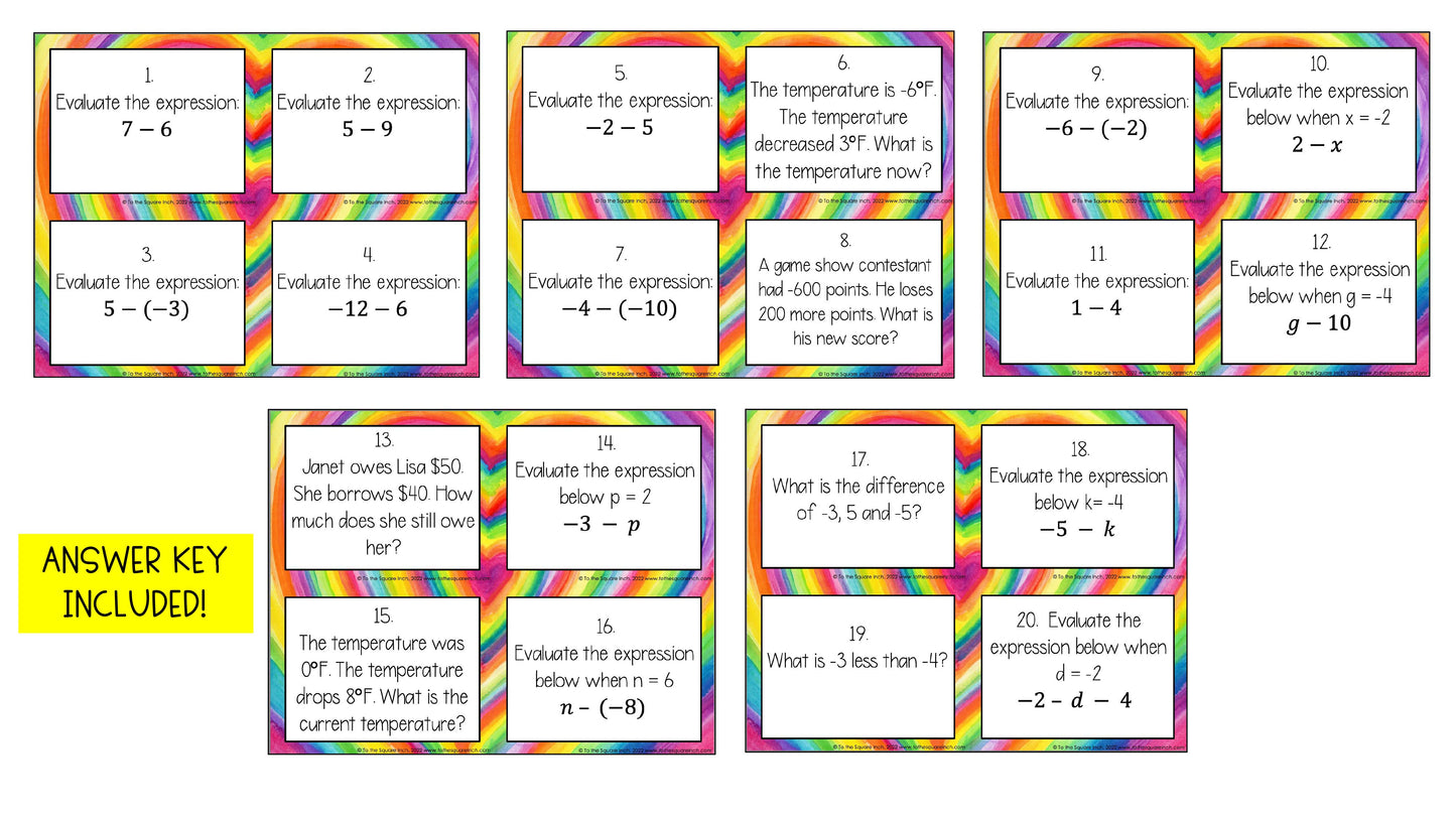 Subtracting Integers Task Cards