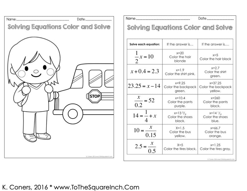 Solving Equations Color and Solve – To The Square Inch
