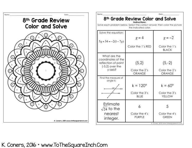 Math Color By Numbers 8th 8th Grade Math Review Color and Solve – To The Square Inch