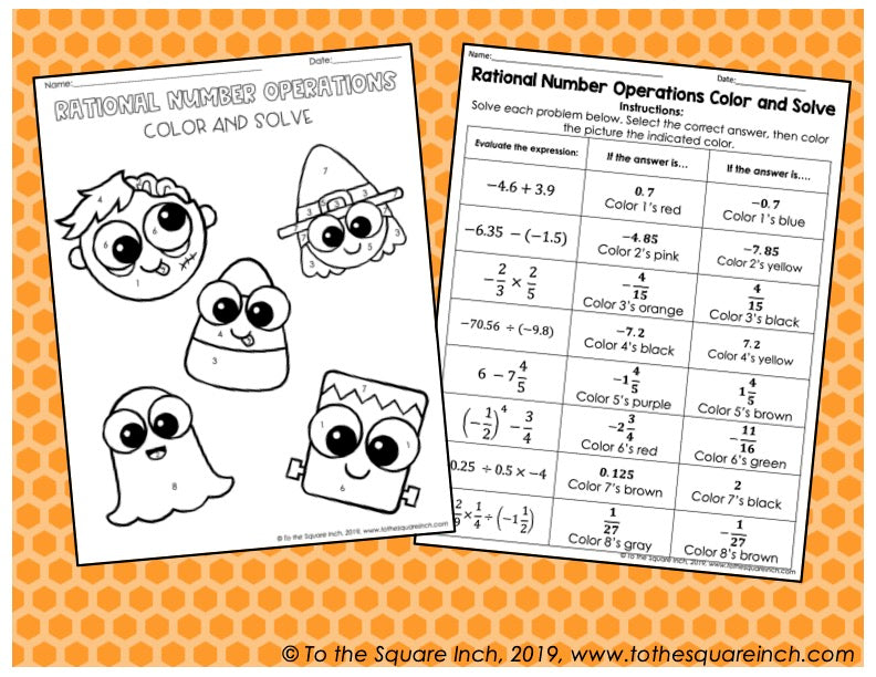 Rational Number Operations Halloween Math Color and Solve
