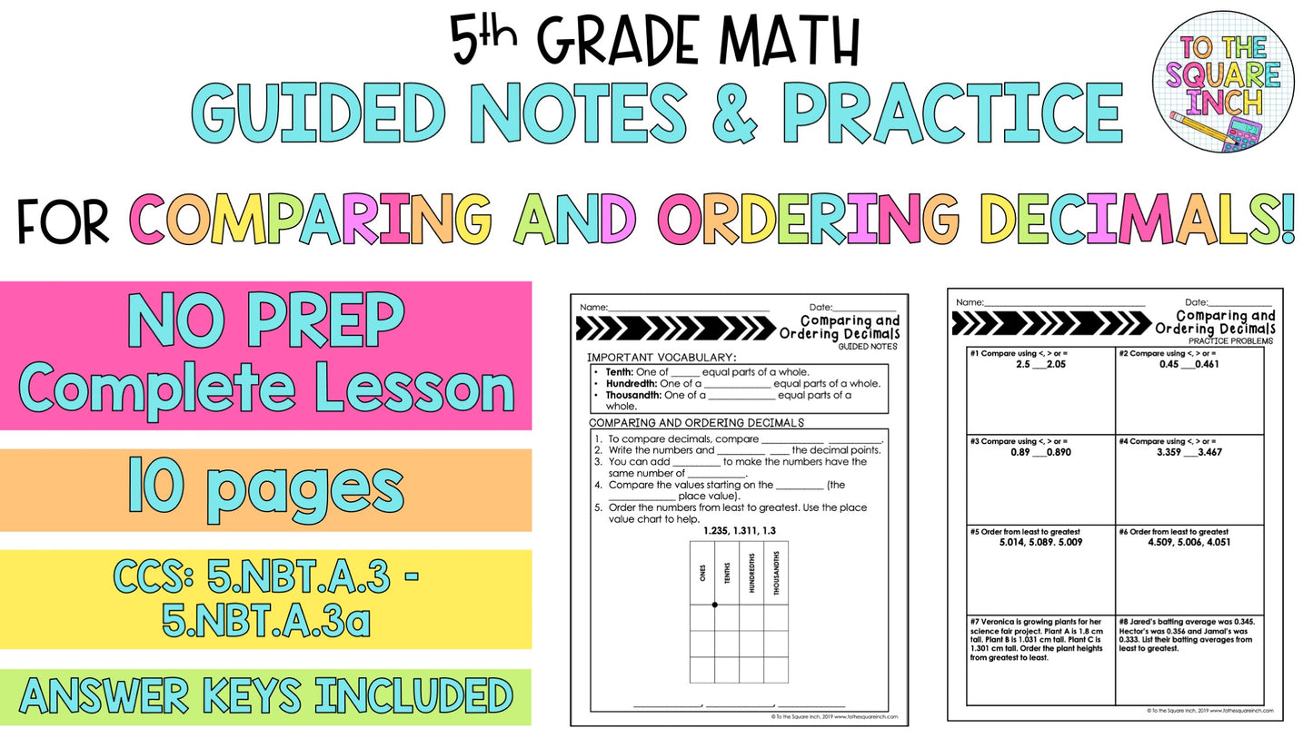 Comparing and Ordering Decimals Notes