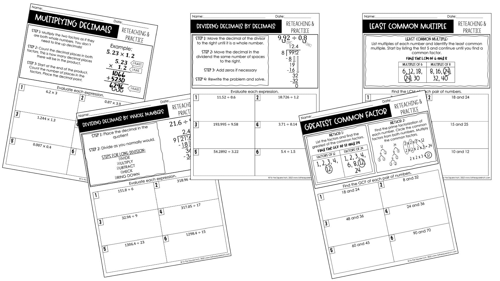Reteach Into Math Middle School Math Reteaching Worksheets for 5th, 6th, 7th and 8th ...