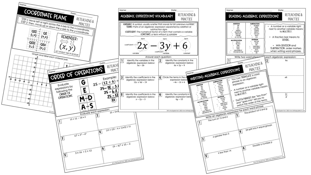 Reteach Into Math Middle School Math Reteaching Worksheets for 5th, 6th, 7th and 8th ...
