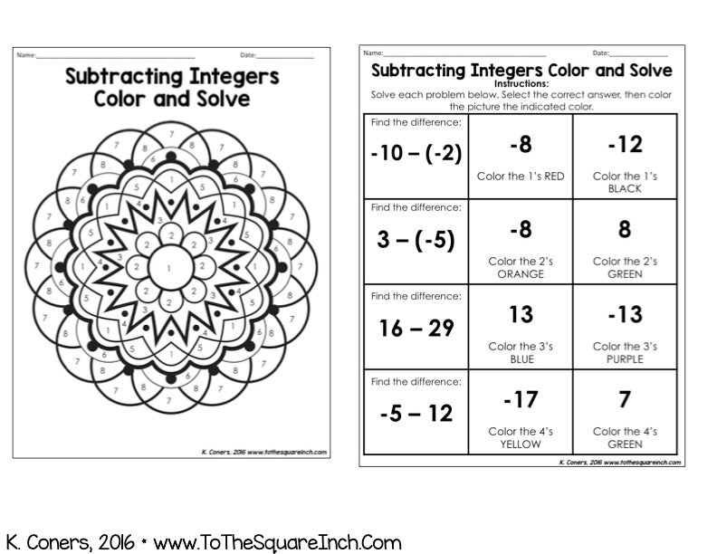 Subtracting Integers Color and Solve