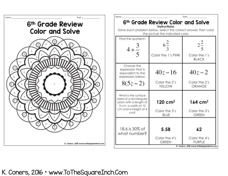 6th Grade Math Review Color and Solve