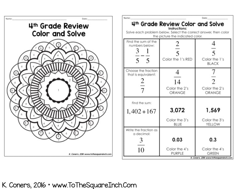 4th Grade Math Review Color and Solve