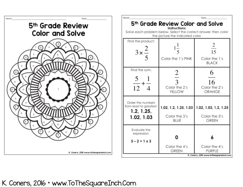 5th Color 5th Grade Math Review Color and Solve – To The Square Inch