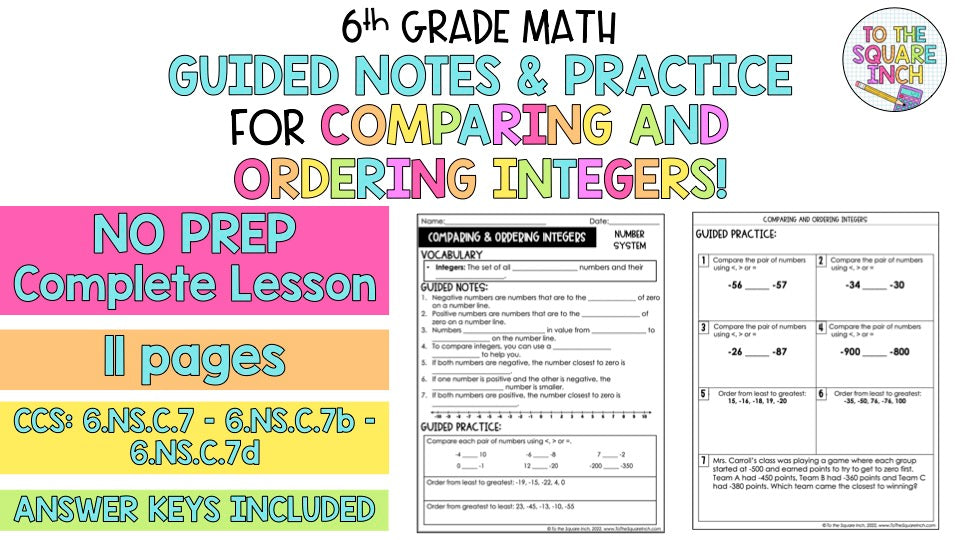 Notes Comparing Integers Comparing Integers Notes – To The Square Inch