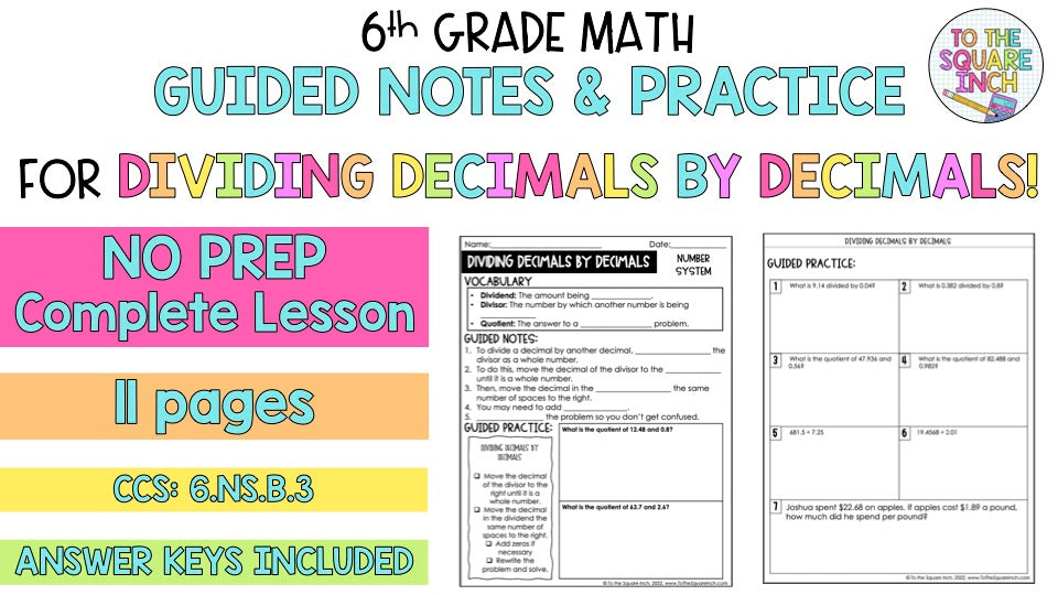 Decimal Division Notes Dividing Decimals By Whole Numbers Notes