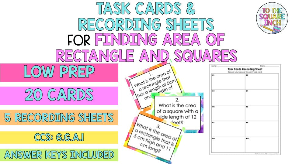 Finding Area of Rectangles and Squares Task Cards