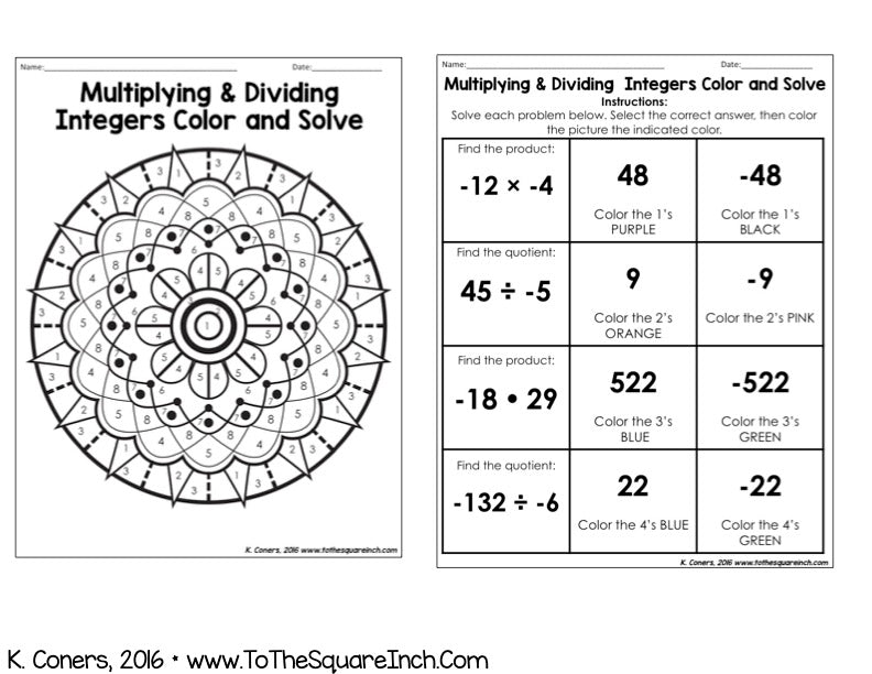 Integer Color Sheets Multiplying and Dividing Integers Color and Solve – To The Square Inch
