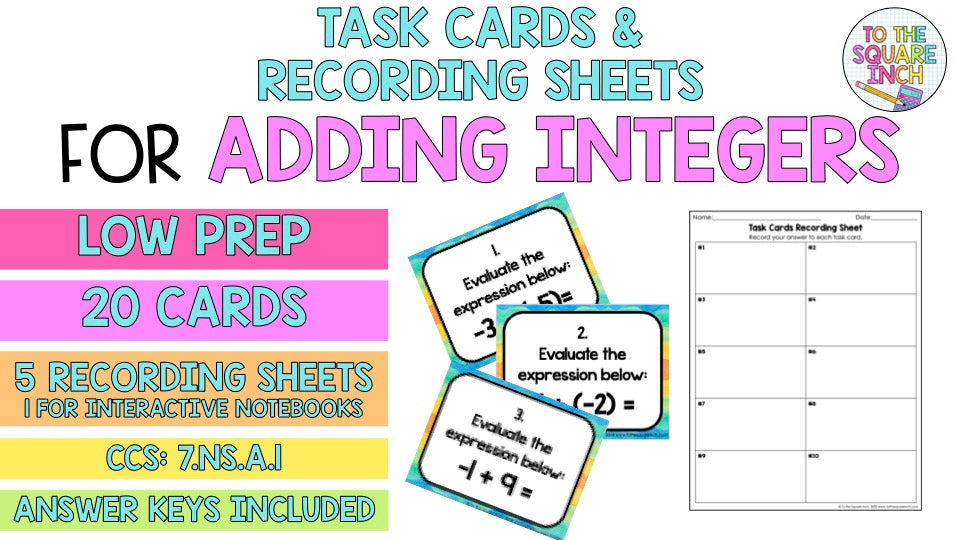Adding Integers Coloring Task Adding Integers Task Cards – To The Square Inch