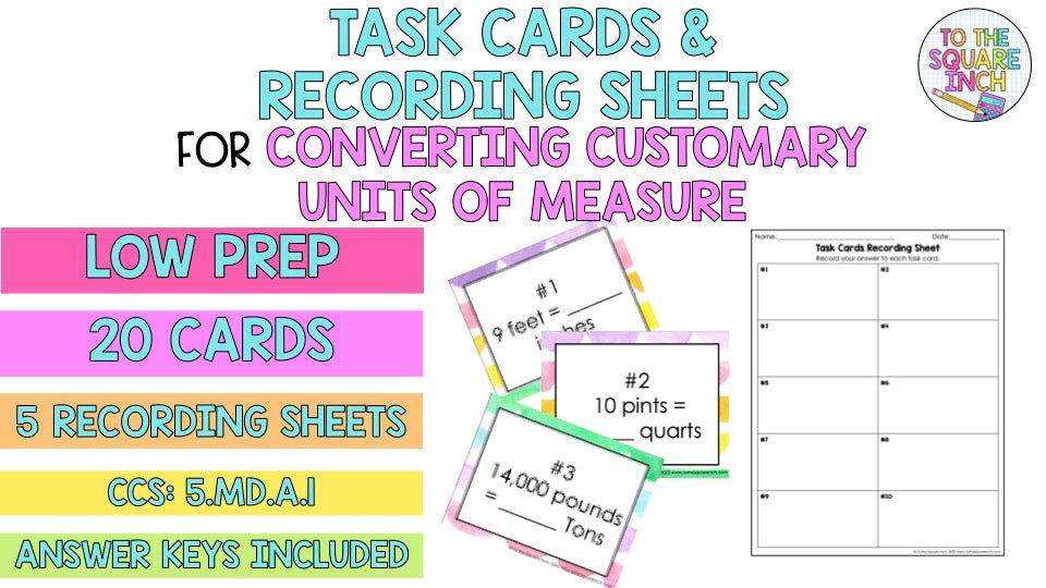 Measurement Cards.pdf Converting Customary Units of Measure Task Cards – To The Square Inch