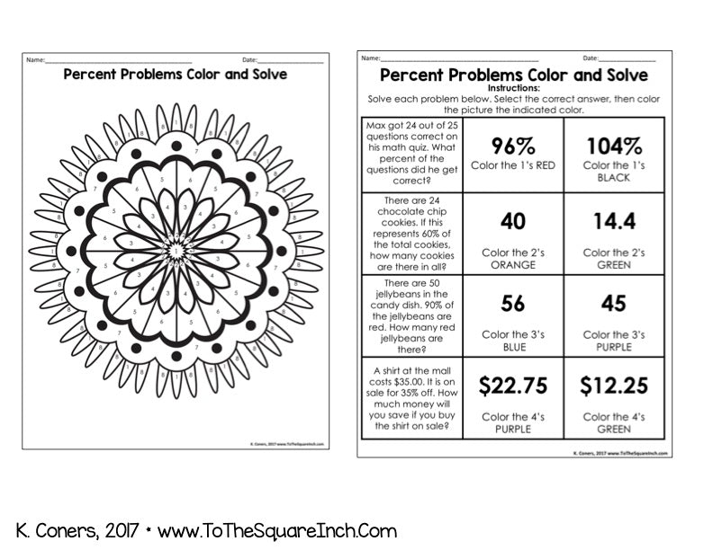 Percent Problems Color and Solve – To The Square Inch