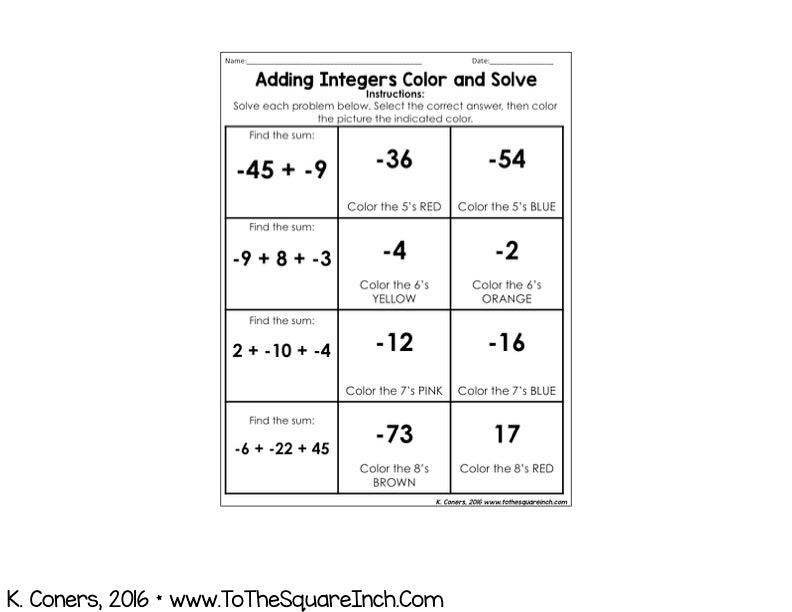 Adding Integers Solved Adding Integers Color and Solve – To The Square Inch