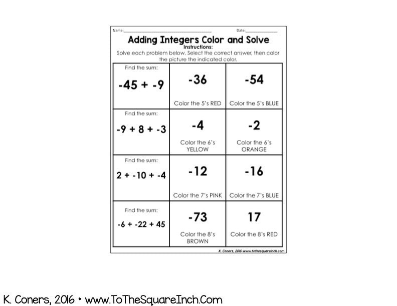 Adding Integers Color and Solve