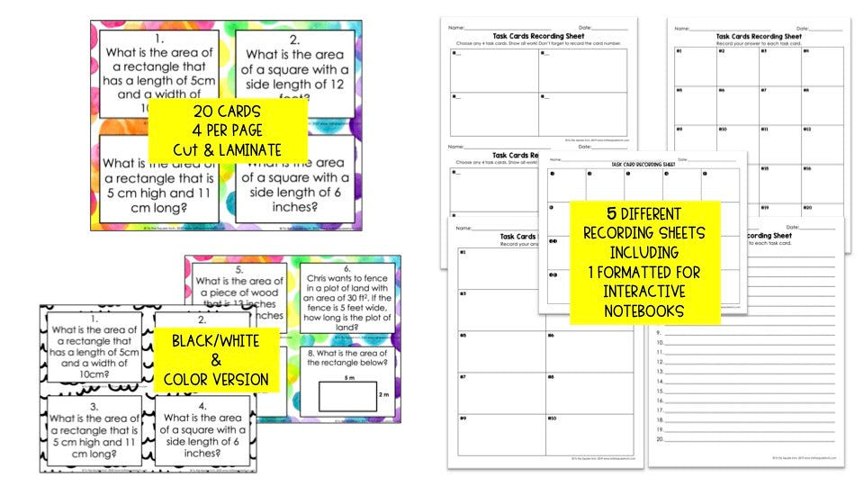 Finding Area of Rectangles and Squares Task Cards