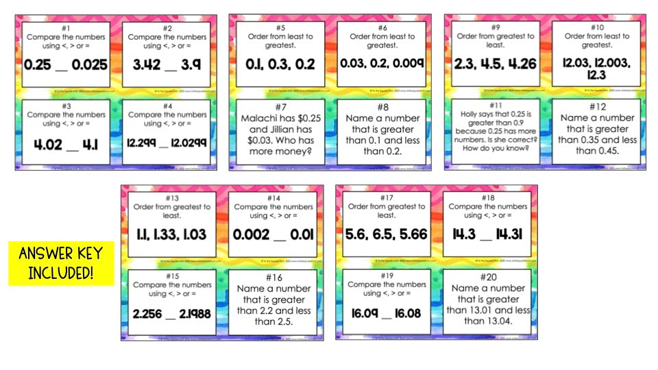 Comparing and Ordering Decimals Task Cards