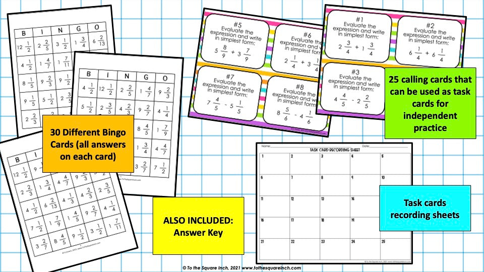 Adding and Subtracting Mixed Numbers Bingo Game
