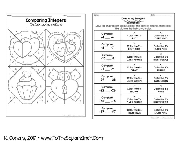 Comparing Integers Color and Solve – To The Square Inch