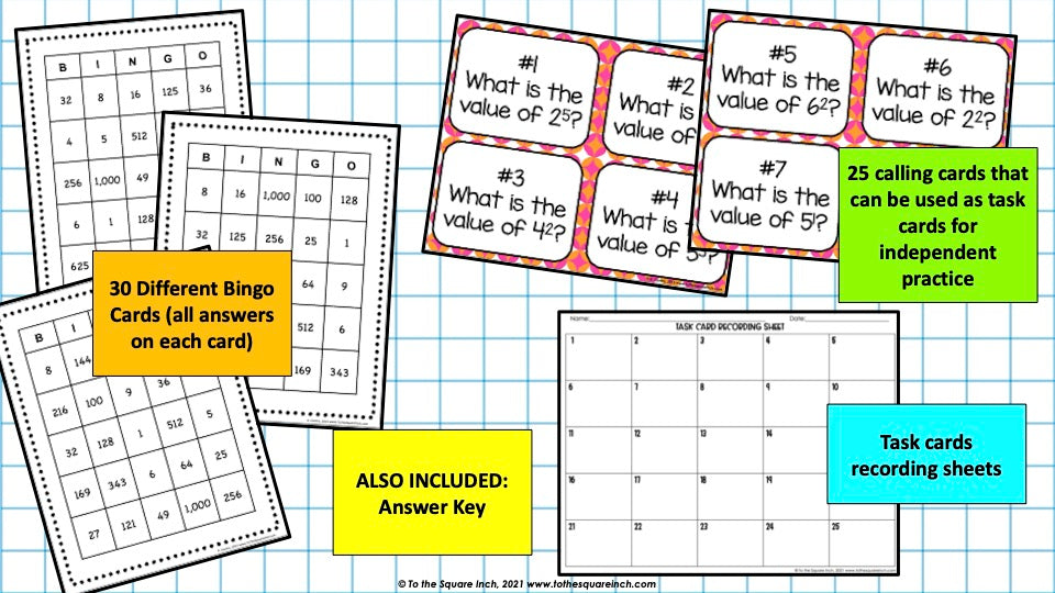 Exponents Bingo and Task Cards