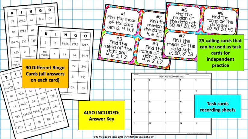 Mean, Median, Mode & Range Bingo & Task Cards – To The Square Inch