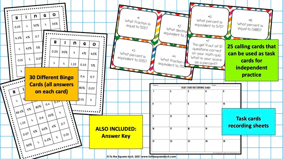 Percent, Fraction and Decimal Bingo Game and Task Cards