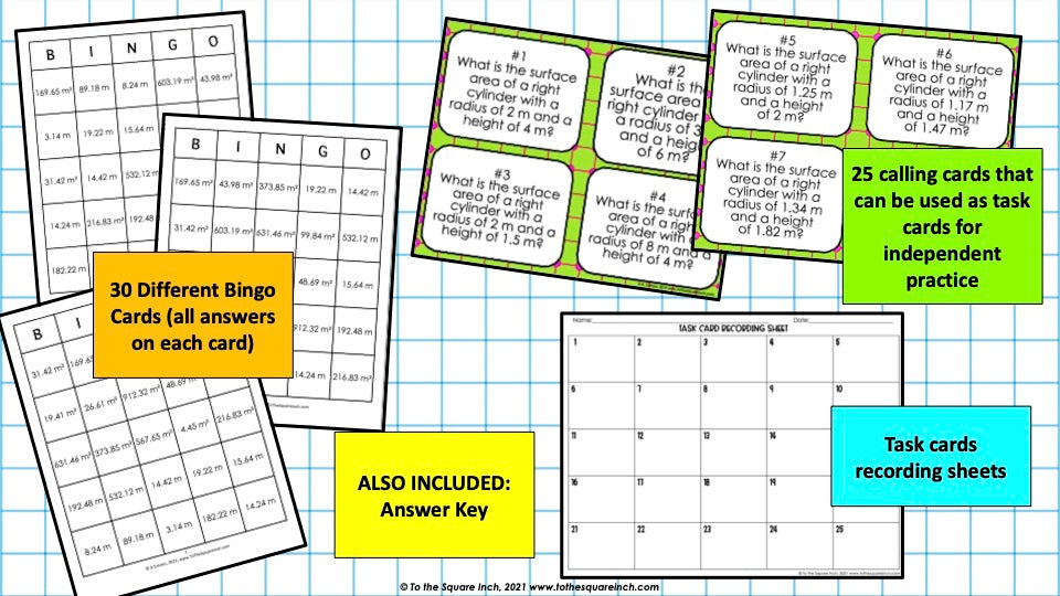 Surface Area of Cylinders Bingo Game