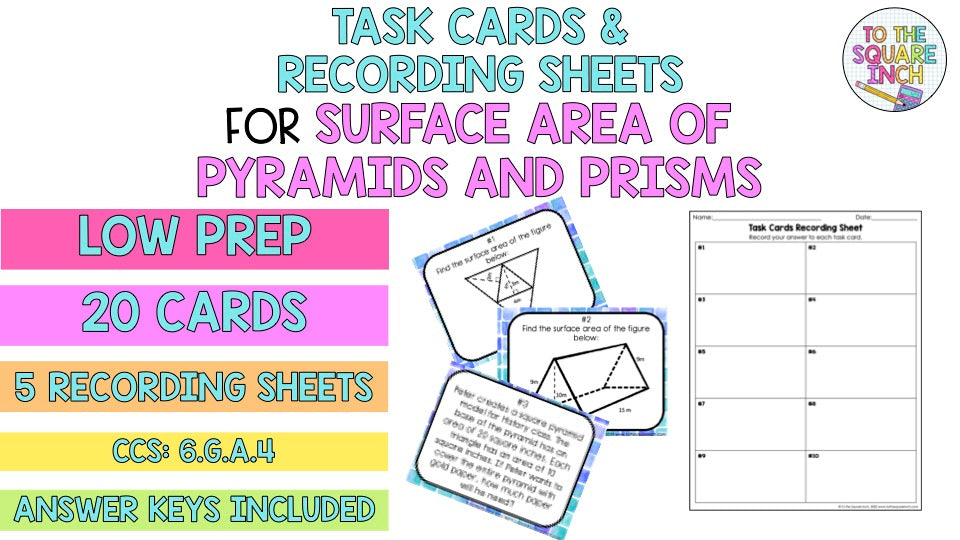 Pyramid Math Expression Cards Surface Area of Pyramids & Prisms Task Cards – To The Square Inch