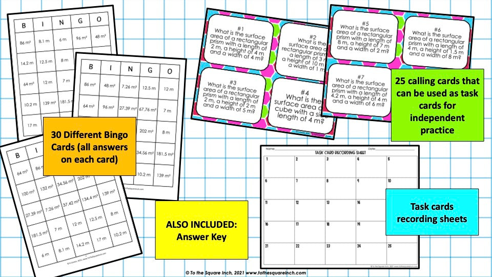 Surface Area of Rectangular Prisms and Cubes Bingo Game