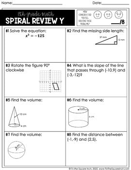 8th Grade Math Spiral Review Worksheets