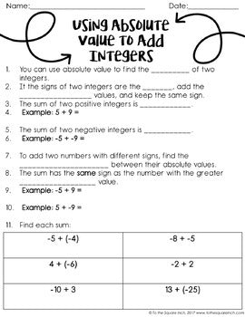 Comparing Absolute Value Worksheets